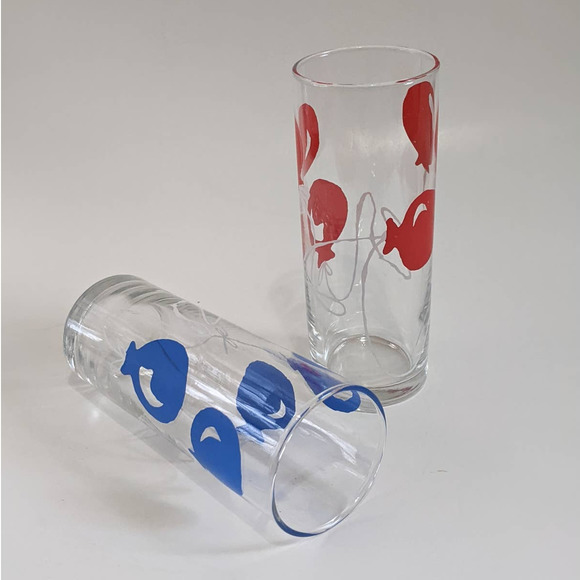 Vintage Libbey Red & Blue Balloon Glasses, Set of 2 Whimsical Barware Highball - Picture 3 of 10
